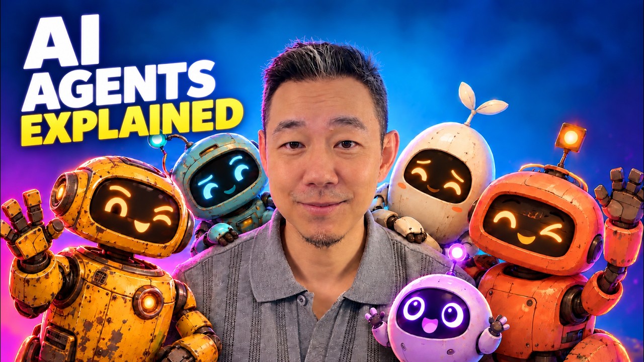 David Au surrounded by colorful robots in the AI Agents Explained video thumbnail